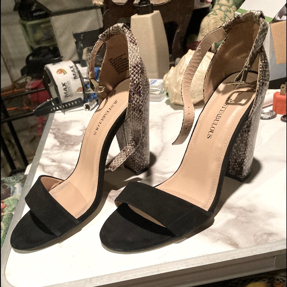 JustFabulous snakeskin open toe heels.